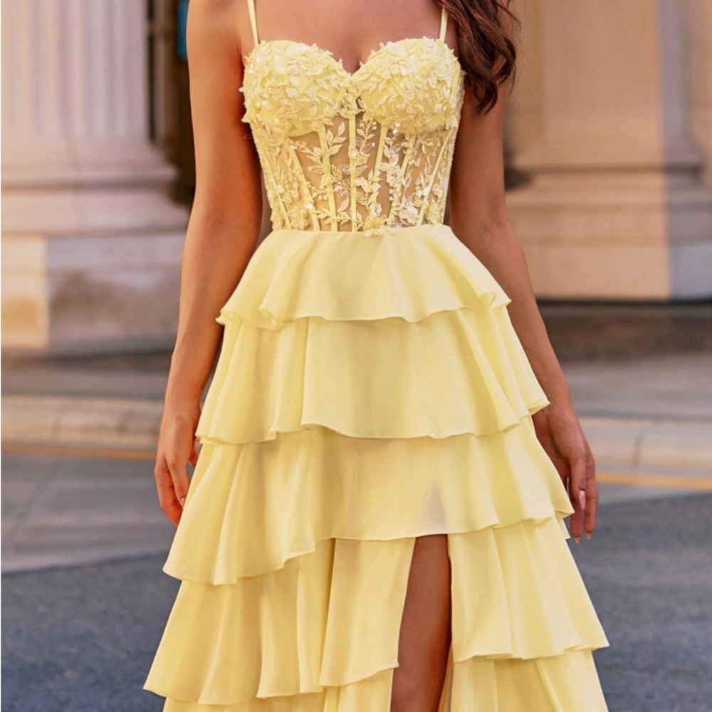 Sherri Hill Yellow Strapless Tiered Ruffle Evening Dress